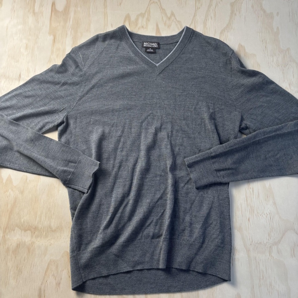 Michael Michael Kors Sweater Men's Medium Gray Knit V Neck Logo Pullover Top